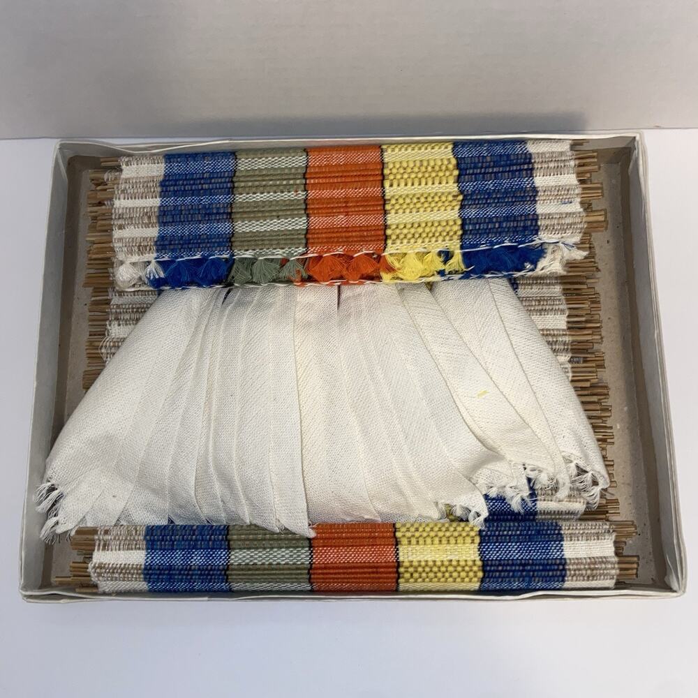 Vintage 70’s Philippine Table Runner, 6 Cloth Napkins Set, Multi Rainbow Color